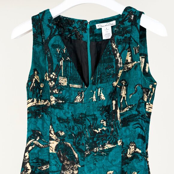Oscar de la Renta AW/13 Teal Jacquard Sleeveless Pleated A-Line Dress - Picture 4 of 10